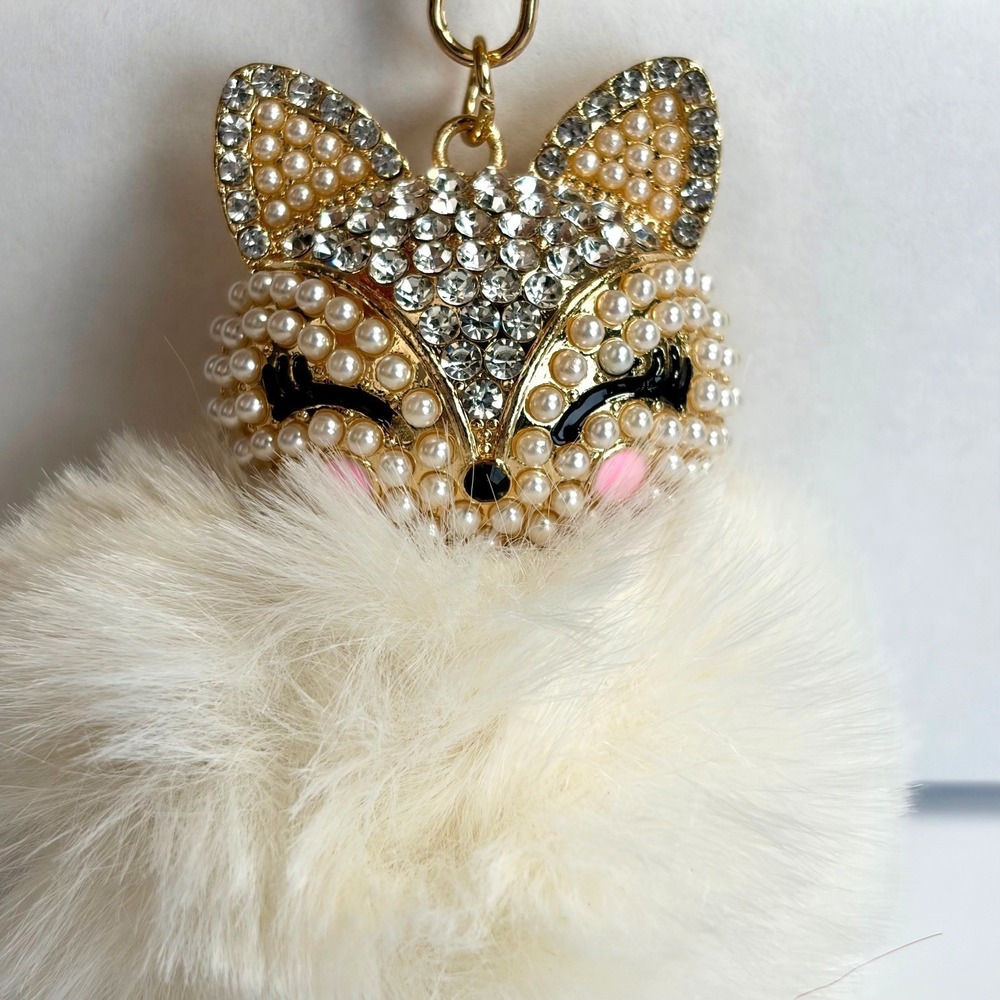 Sparkly Fox Keychain Pearl Rhinestone Faux‎ Fur Pom Pom Bag Charm Coquette Boho - Picture 2 of 6